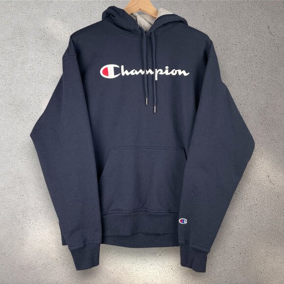 Champion Hoodie Mens Large Navy Pullover Sweatshirt Fleece Athletic Spellout Y2K - Picture 1 of 7